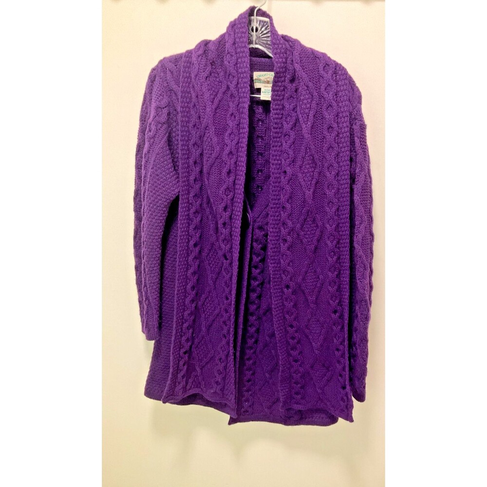 Arancrafts Ireland vintage 100% wool cardigan with matching scarf, purple size M